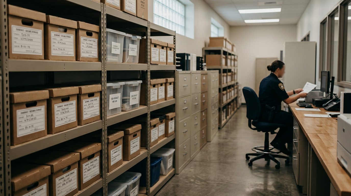 Interior of a police evidence facility with labeled storage shelves and documentation systems used in criminal investigations.
