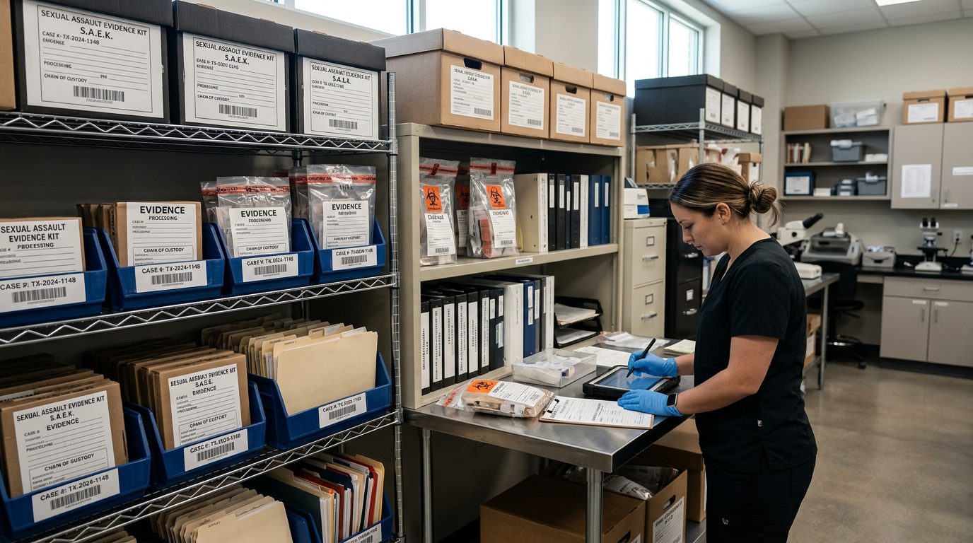 Interior of a police evidence facility with labeled storage shelves and documentation systems.
