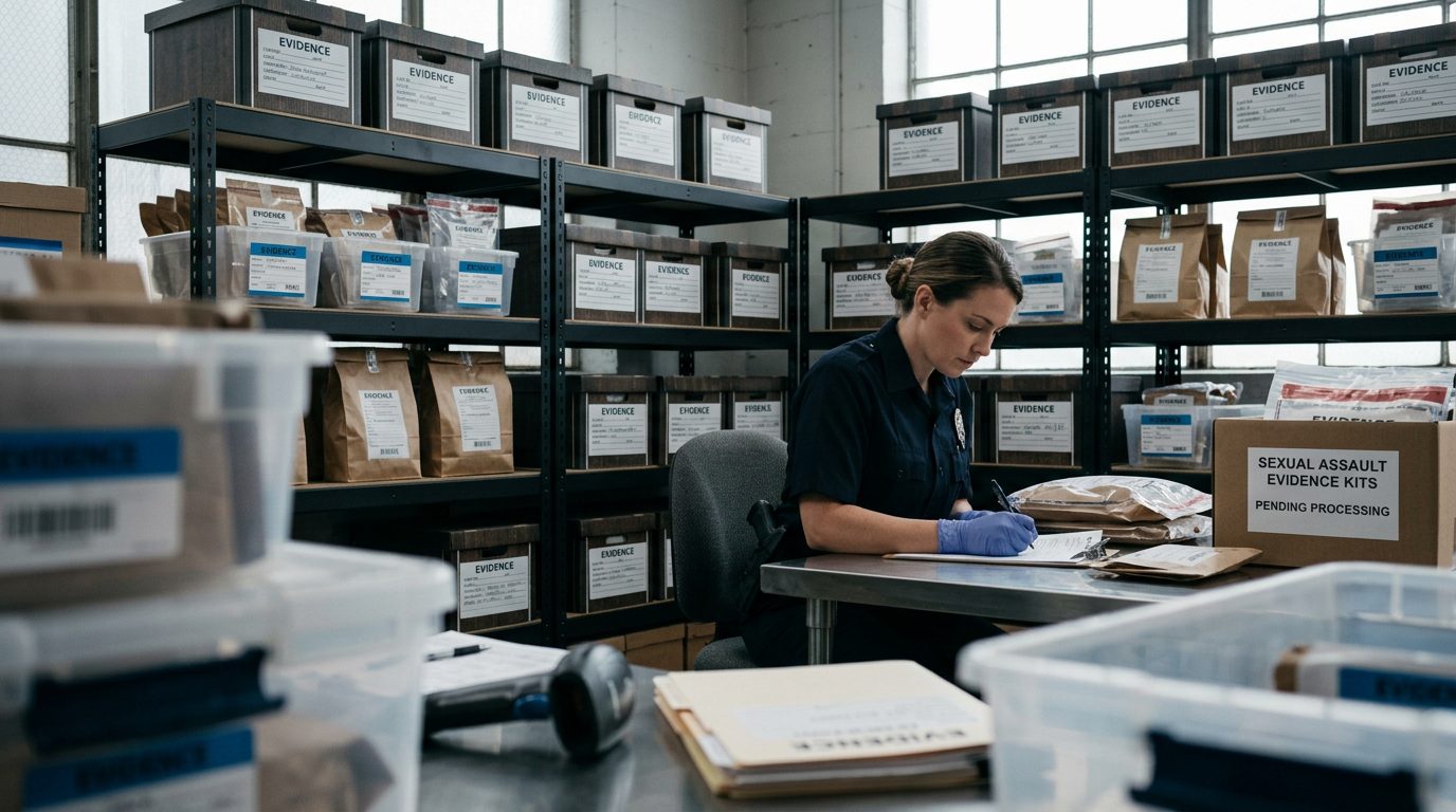 Interior of a police evidence facility with labeled storage shelves and documentation systems used in sexual assault investigations.