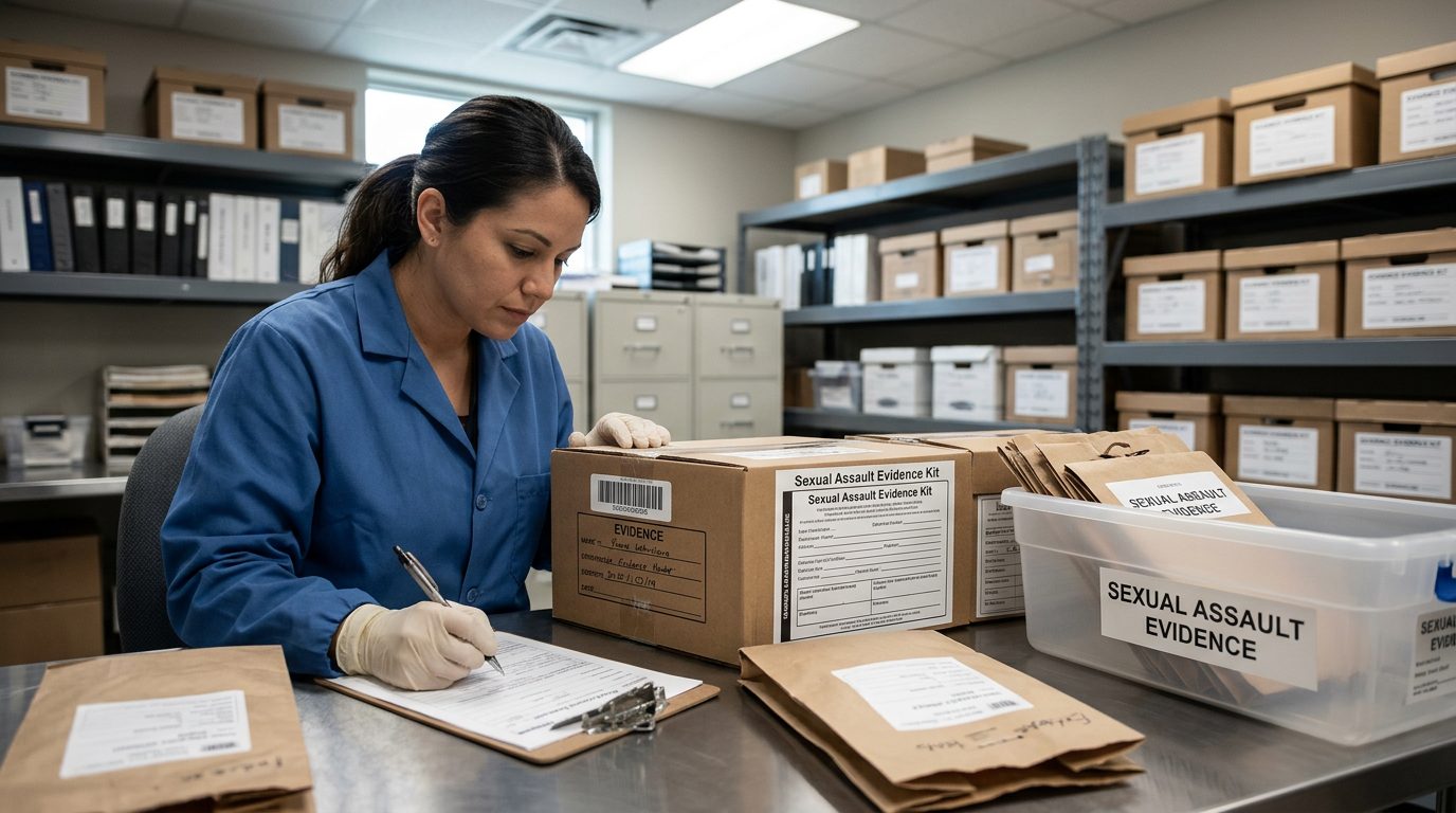 Interior of a police evidence processing facility with labeled storage shelves and documentation systems.