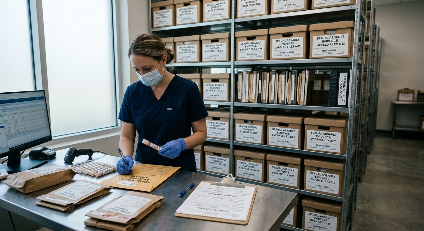 Interior of a police evidence processing facility with labeled storage shelves and documentation systems.