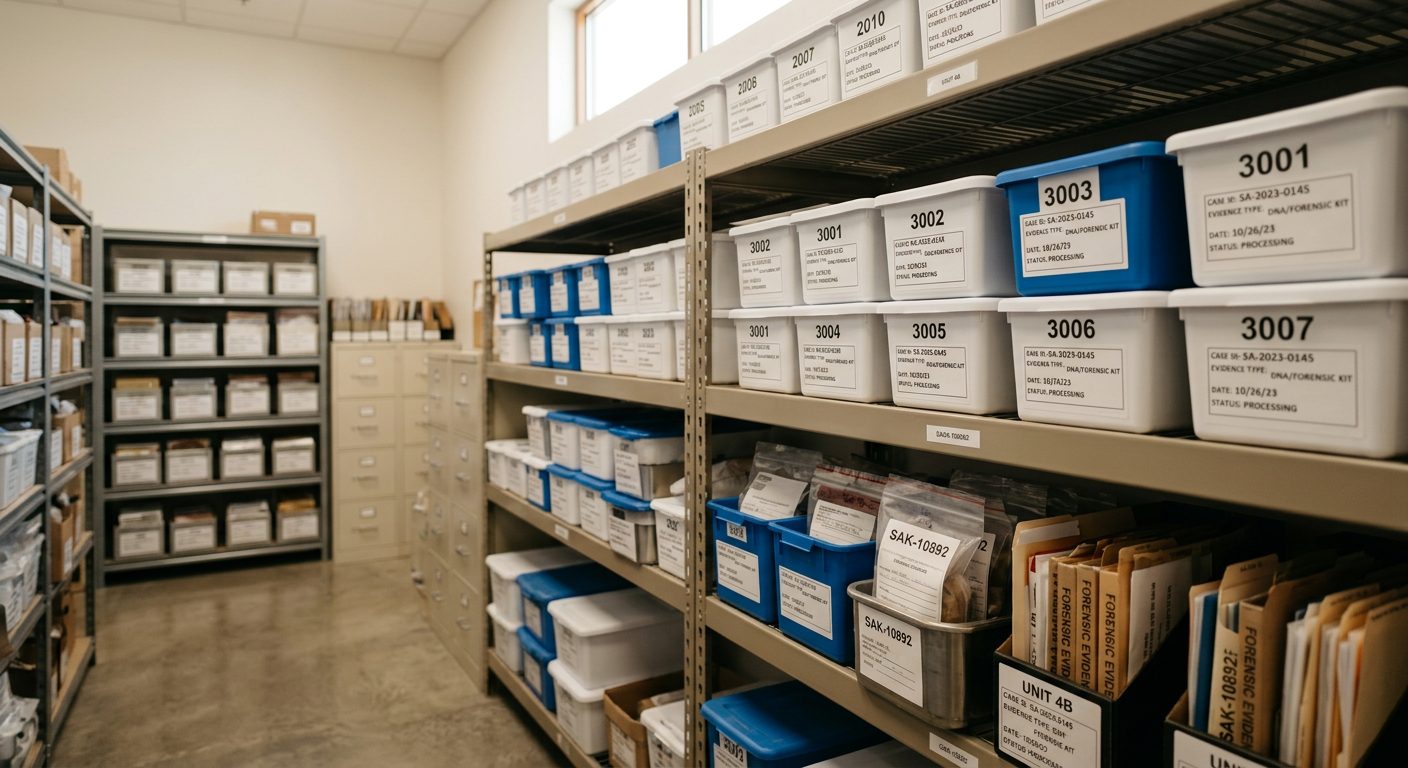 Interior of a police evidence storage room with labeled shelves and documentation systems.