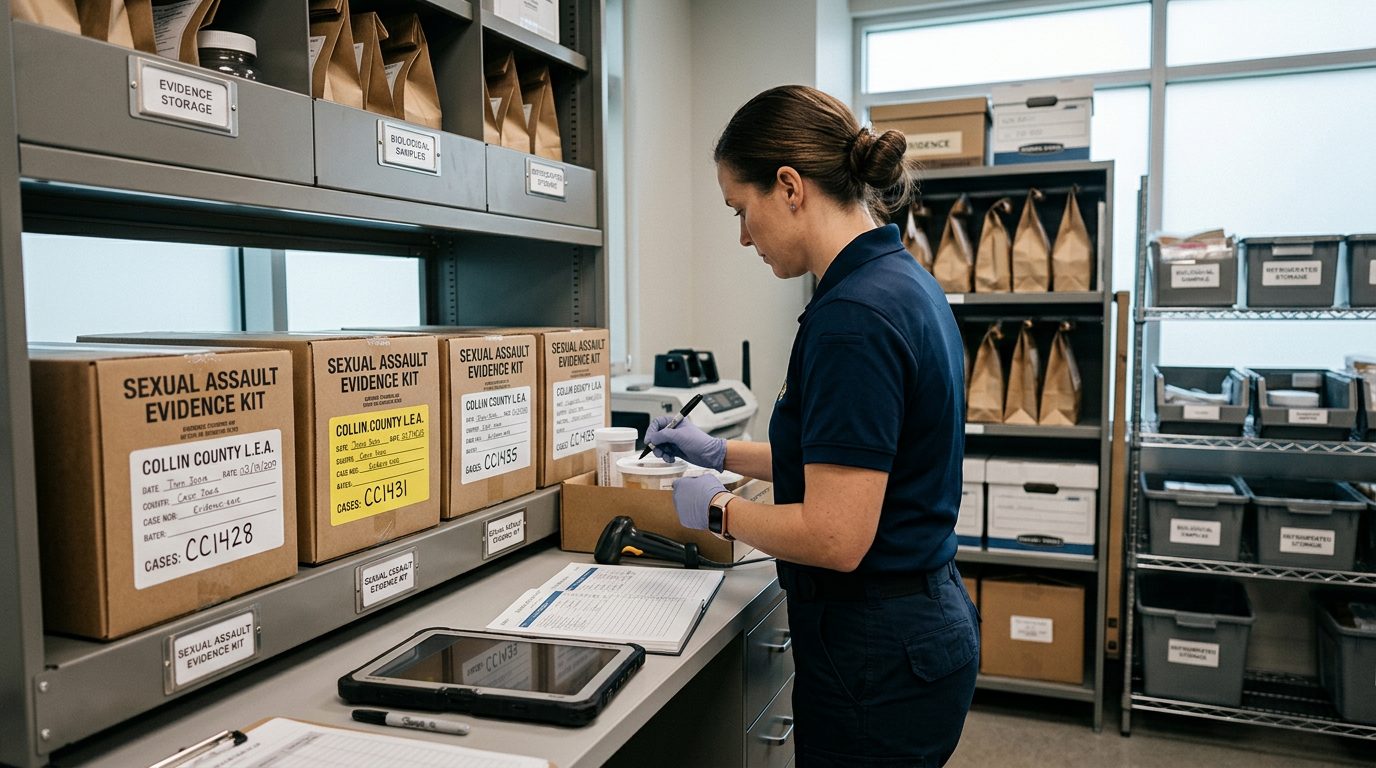 Law enforcement evidence processing facility with labeled storage and documentation systems for investigations.