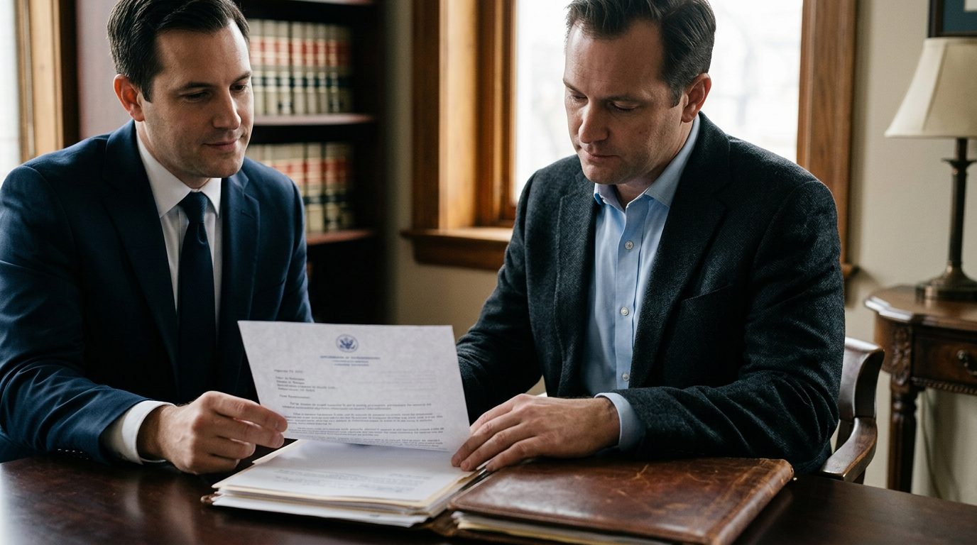 Lawyer reviewing documents at desk with law books and gavel.