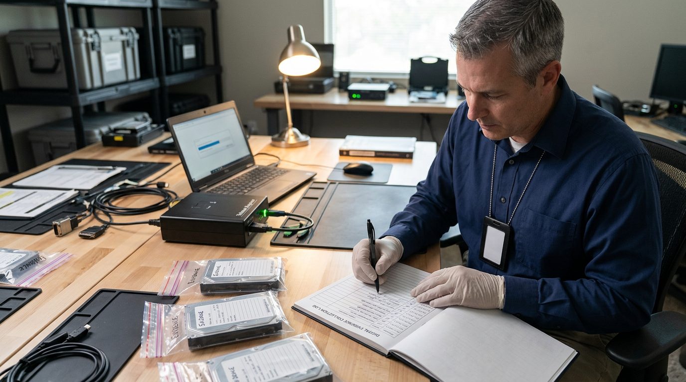 Online Solicitation of a Minor Defense Lawyer in Texas. a computer forensics examiner's workspace with imaging equipment, hard drives in evidence bags, and detailed documentation of digital evidence collection from online platforms, alternate scene 2