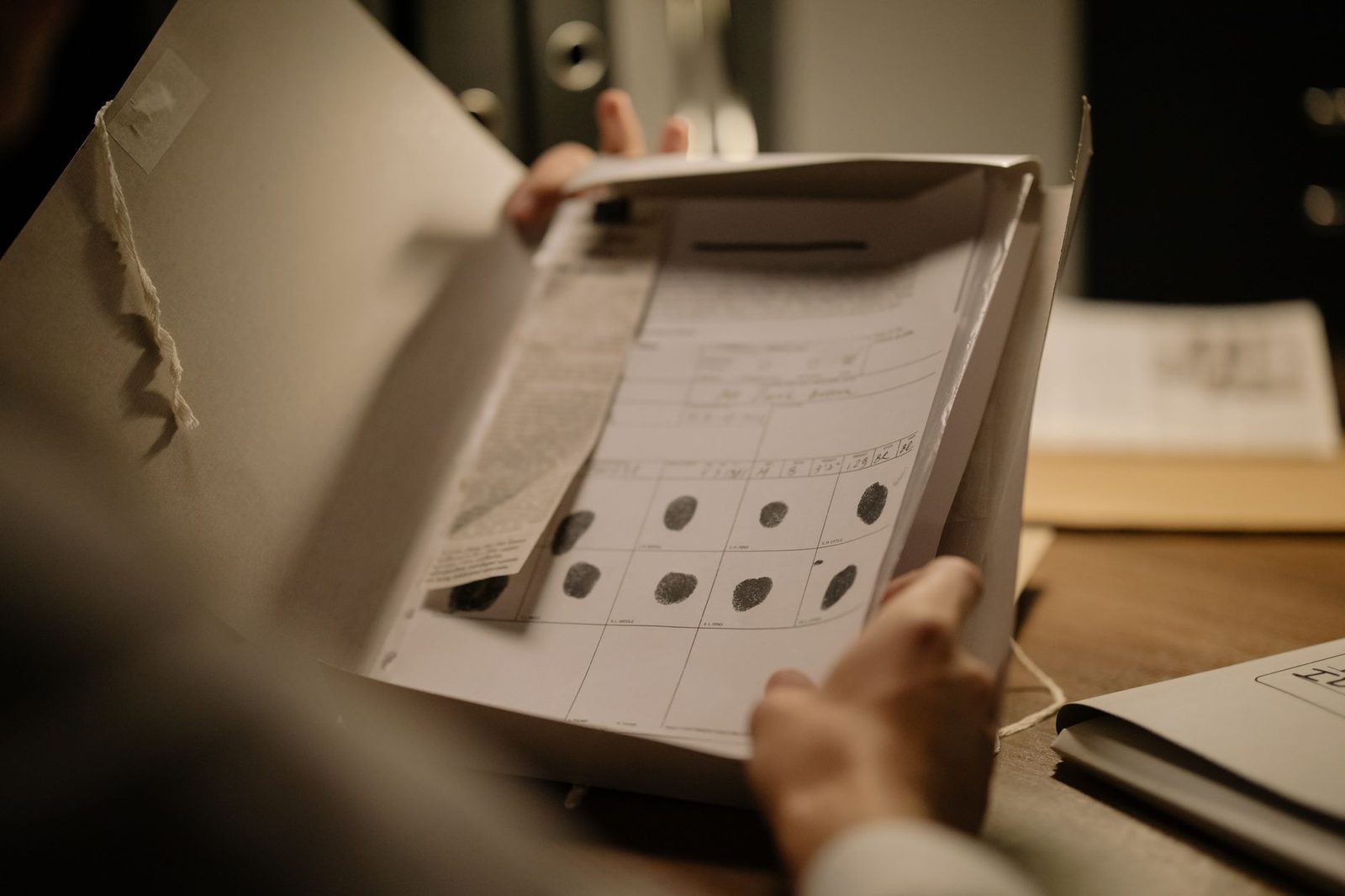 Open folder on a desk holding a fingerprint record, a visual nod to forensic evidence in criminal cases.