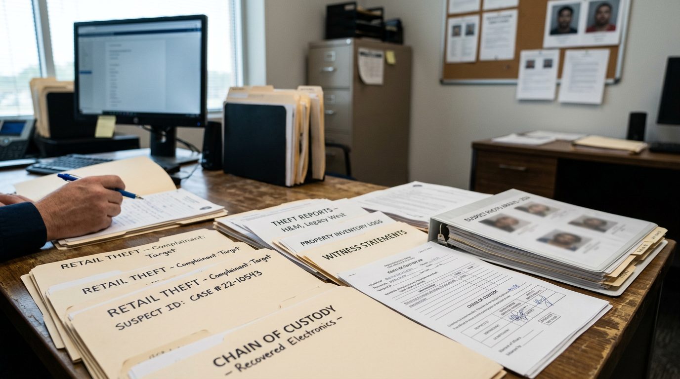 Plano Sex Crimes Lawyer: What to Do If Accused. a police detective's desk in the property crimes unit with theft reports from retail establishments, suspect identification files, chain-of-custody forms for recovered merchandise, and case files organized by complainant and accused individual