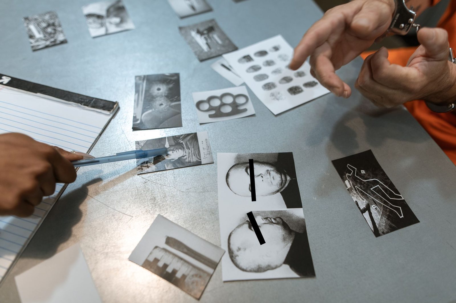 Police officers review evidence photos and case notes at a table during an investigation.