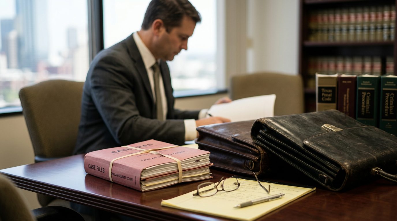 Professional law office interior with desk, legal documents, and Dallas cityscape view.
