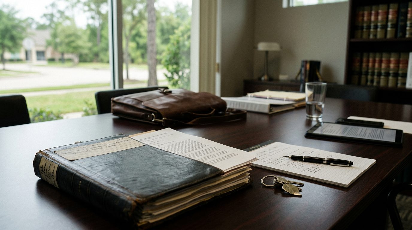 Professional law office interior with desk, legal documents, and wooden furniture.