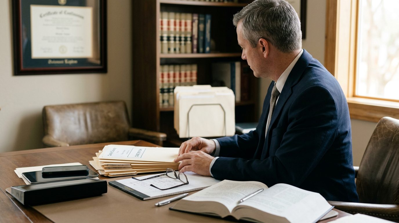 Professional office setting with law books and desk representing legal defense services.
