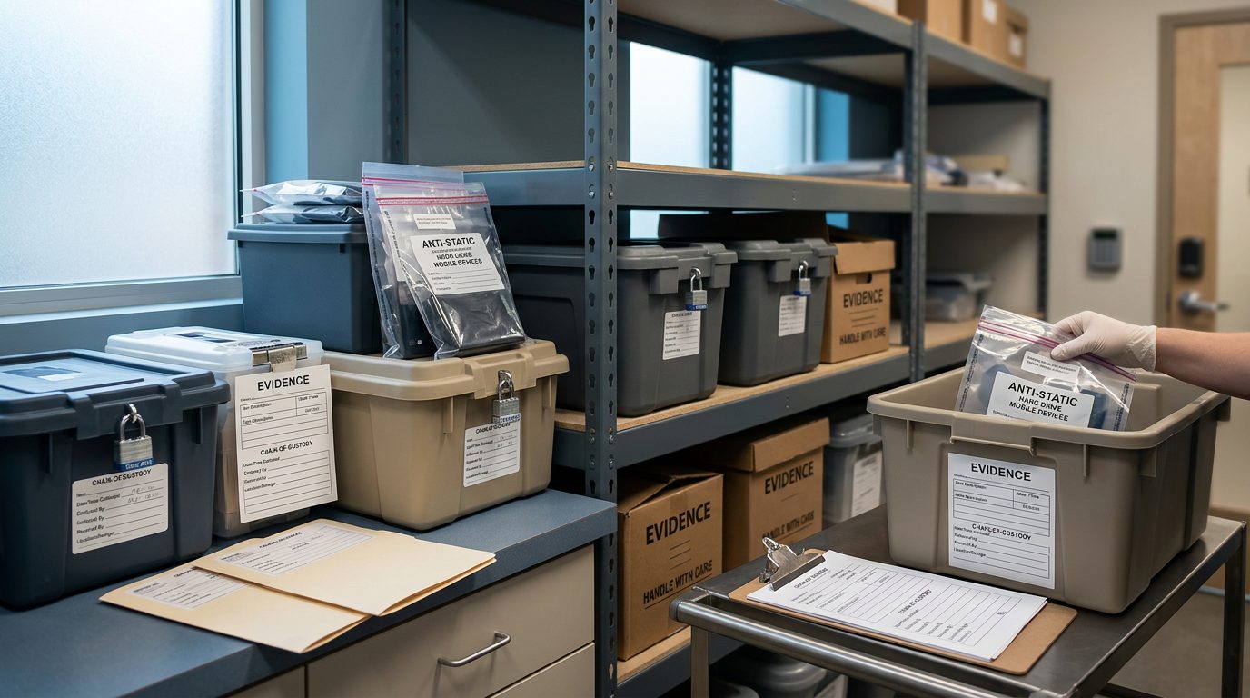 Secure evidence storage room with labeled containers and chain-of-custody logs for digital and physical case materials.
