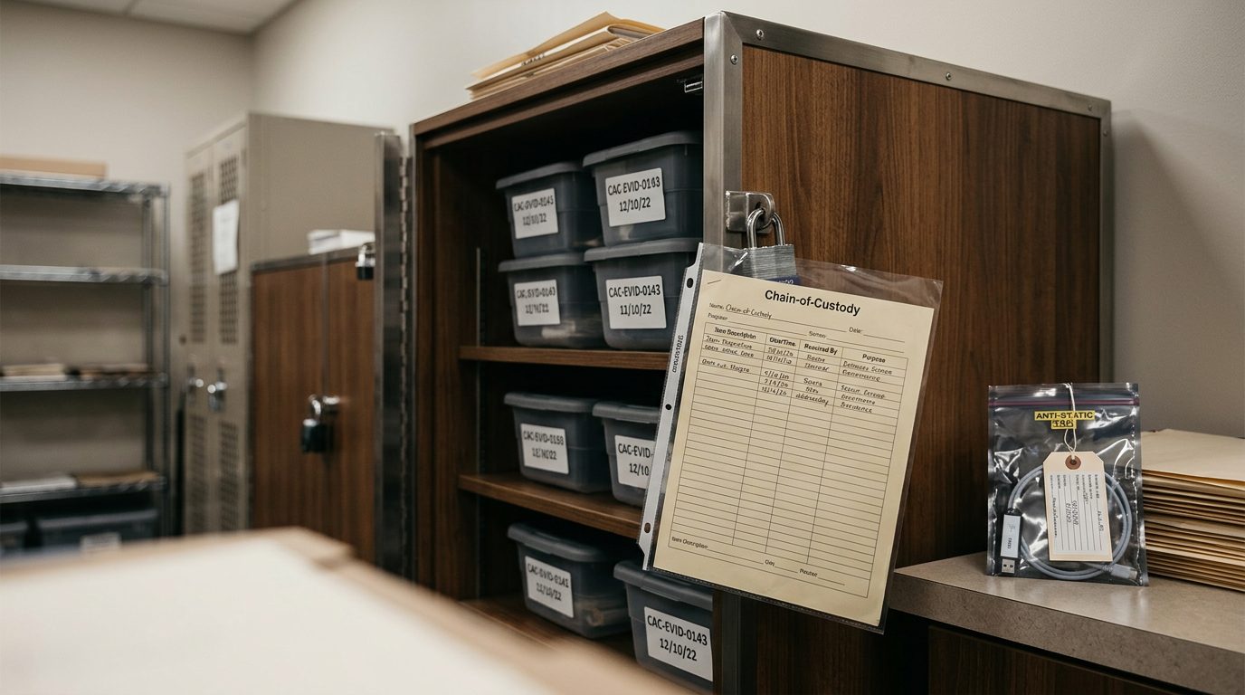 Secured evidence room with labeled containers and chain-of-custody logs at a child advocacy center.