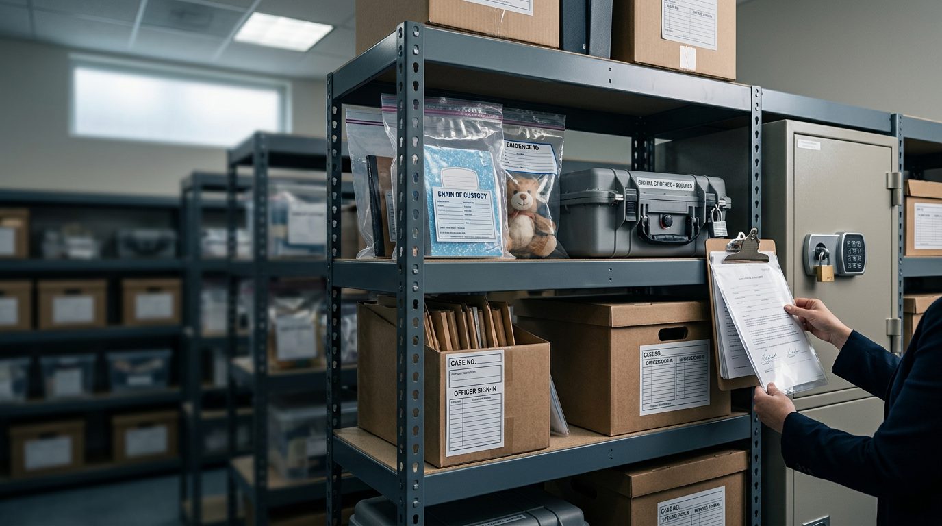 Secured evidence storage shelves with labeled containers and chain-of-custody logs at a child advocacy center.