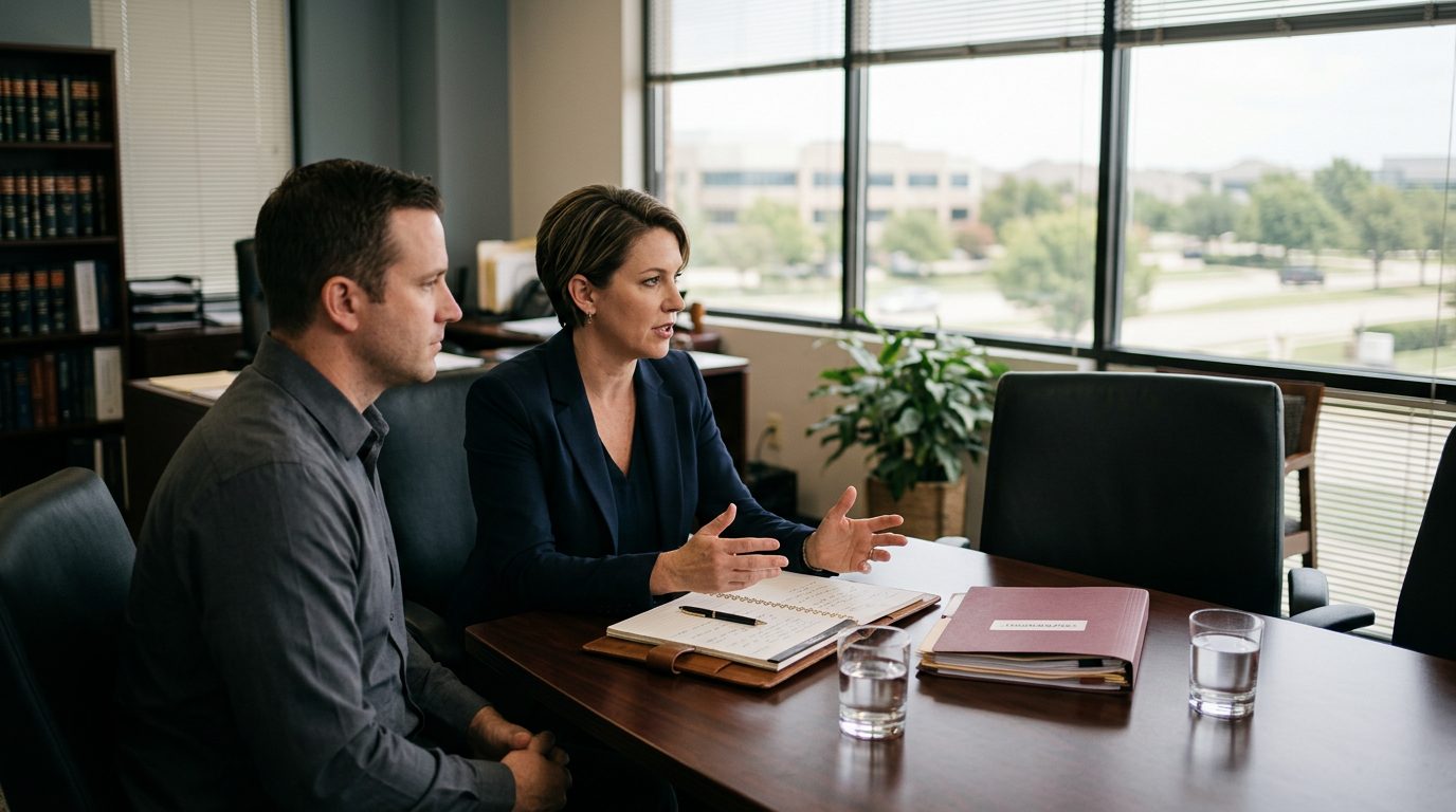 Southlake law office interior with professional desk and legal documents.